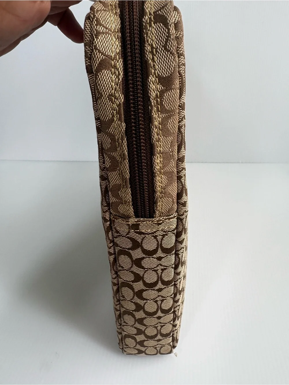 Coach Brown Signature Canvas Laptop Sleeve with Tan Stripe